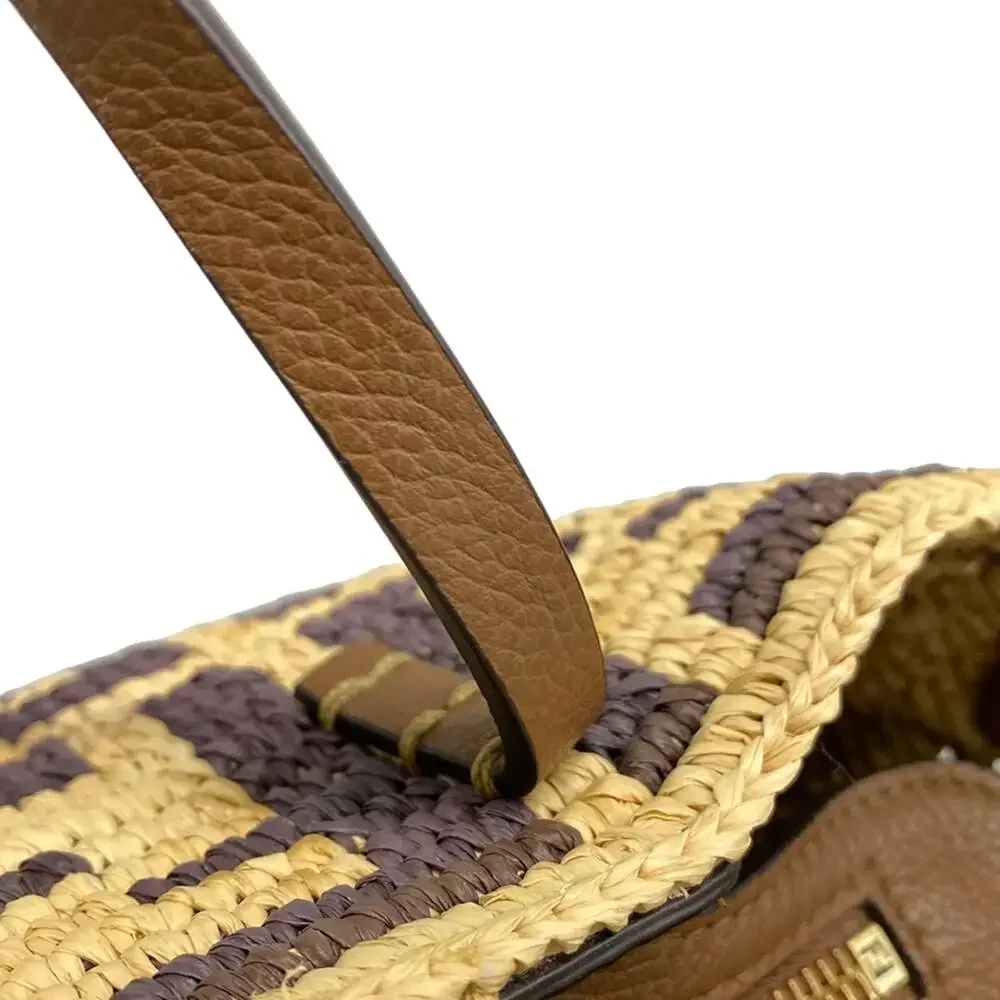 Fendi Roll Mini, Zucca Pattern Handbag 8BS096 Beige Dark Brown Straw Leather